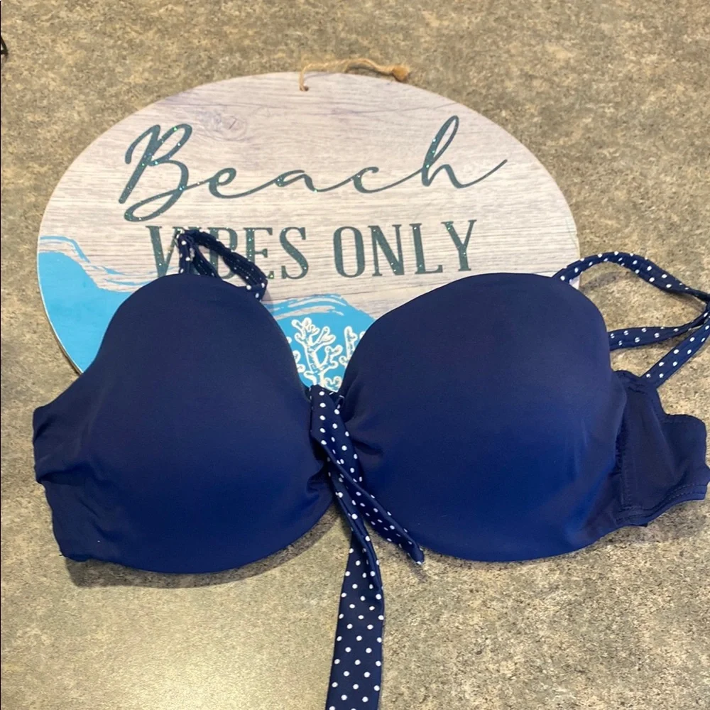 VENUS Dark Blue Bikini Top with Polka Dot Tie and Adjustable Straps